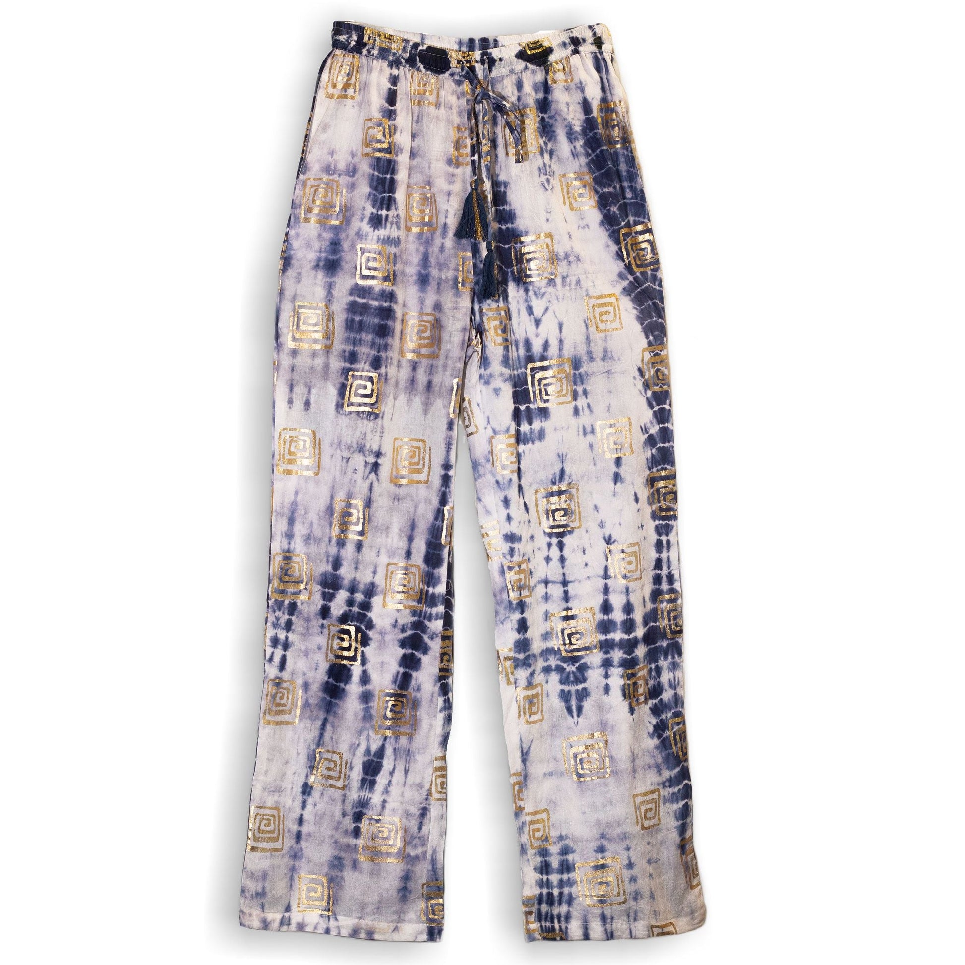 Polished Lxl Nomad Sari On The Med Collection Lounge Pants Gold Blue Greek Motiff Handpainted featuring natural patterning - Positive Faith Hope Love