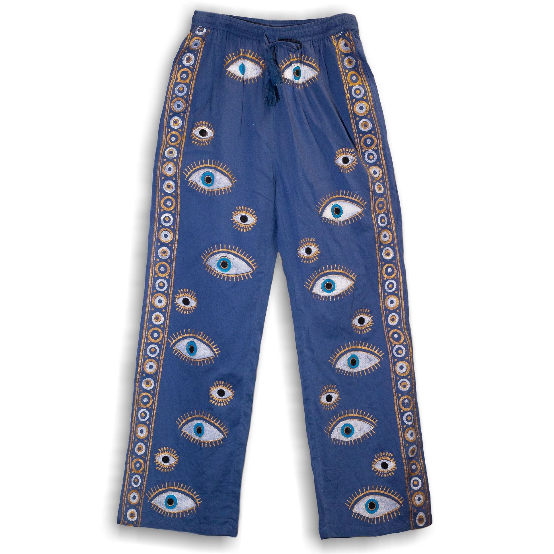 Polished Lxl Nomad Sari On The Med Collection Lounge Pants Rich Blue Gold Hand Painted Evil Eye Design featuring natural patterning - Positive Faith Hope Love