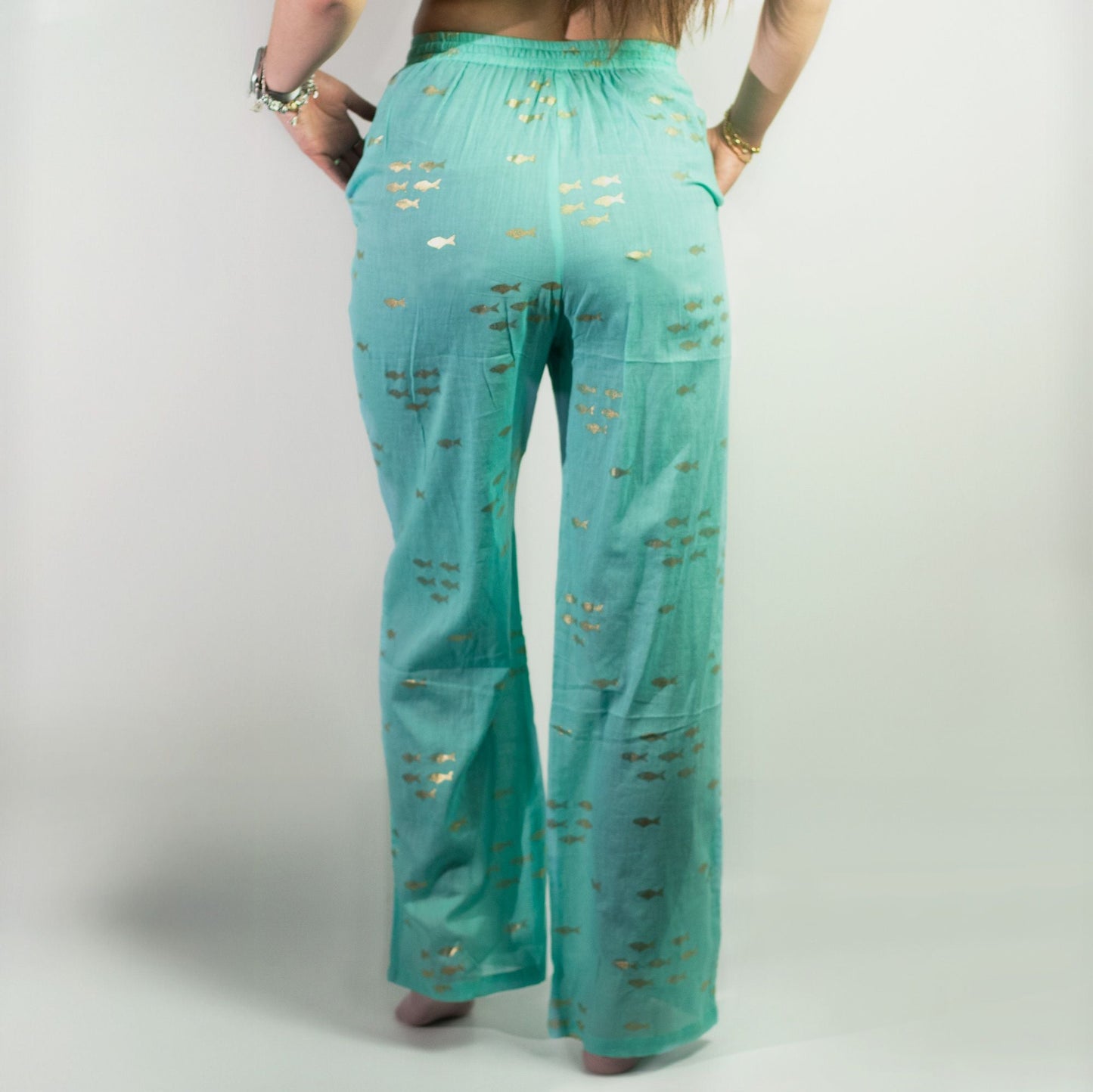 Polished Lxl Nomad Sari On The Med Collection Lounge Pants Turquoise Gold Fish Design featuring natural patterning and unique variations - Positive Faith Hope Love
