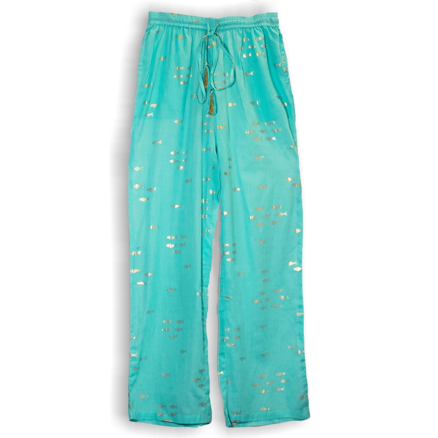 Polished Lxl Nomad Sari On The Med Collection Lounge Pants Turquoise Gold Fish Design featuring natural patterning and unique variations - Positive Faith Hope Love