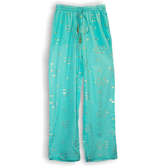 Polished Lxl Nomad Sari On The Med Collection Lounge Pants Turquoise Gold Fish Design featuring natural patterning and unique variations - Positive Faith Hope Love