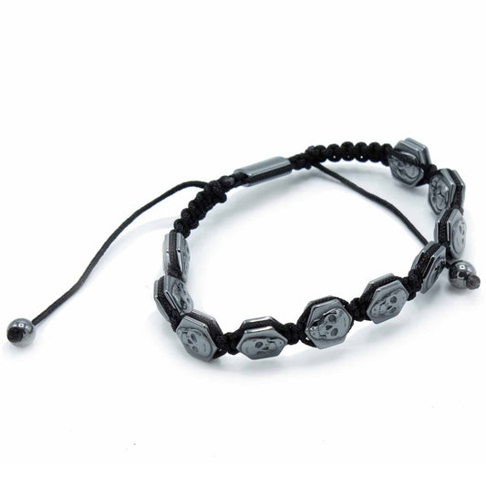Polished Magnetic Hematite Shamballa Bracelet Hexagon Skulls featuring metallic grey sheen and mirror finish - Positive Faith Hope Love