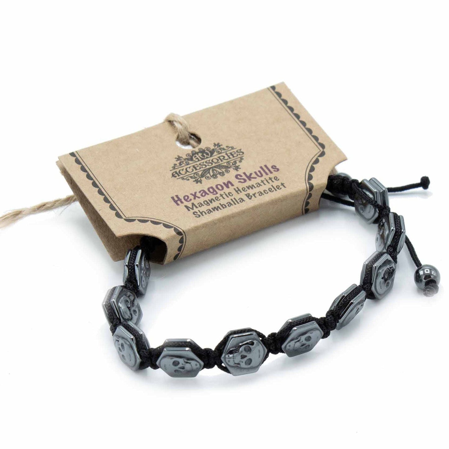 Polished Magnetic Hematite Shamballa Bracelet - Hexagon Skulls featuring metallic grey sheen and mirror finish - Positive Faith Hope Love