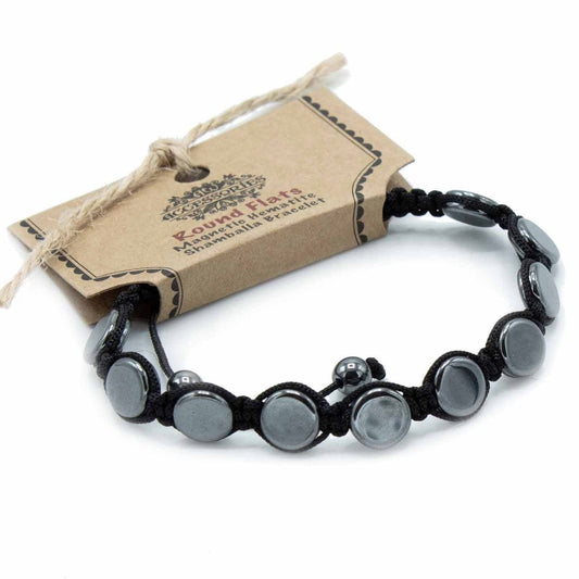 Polished Magnetic Hematite Shamballa Bracelet Round Flats featuring metallic grey sheen and mirror finish - Positive Faith Hope Love
