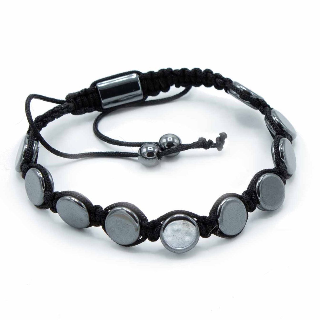 Polished Magnetic Hematite Shamballa Bracelet - Round Flats featuring metallic grey sheen and mirror finish - Positive Faith Hope Love