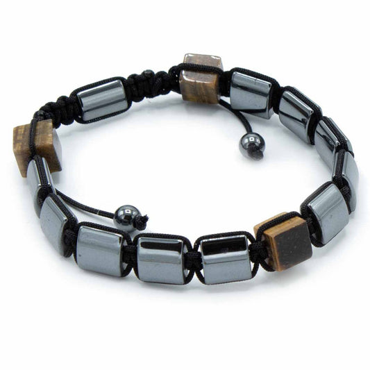 Polished Magnetic Hematite Shamballa Bracelet Tiger Eye Cuboids featuring metallic grey sheen and mirror finish - Positive Faith Hope Love