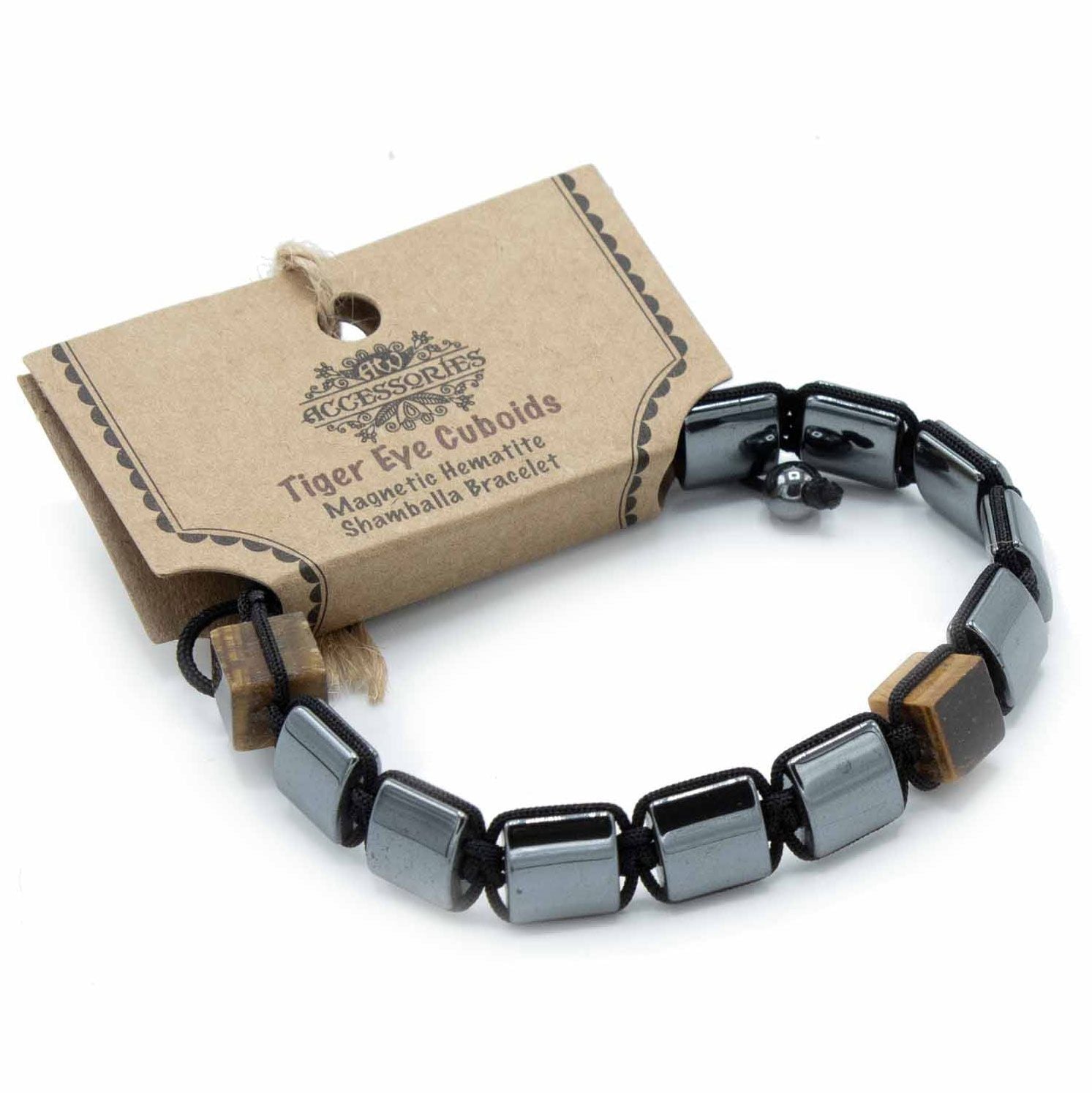 Polished Magnetic Hematite Shamballa Bracelet - Tiger Eye Cuboids featuring metallic grey sheen and mirror finish - Positive Faith Hope Love