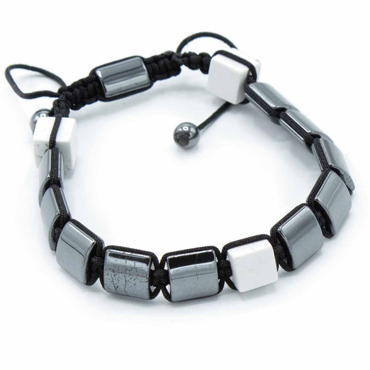 Polished Magnetic Hematite Shamballa Bracelet White Jasper Cuboids featuring metallic grey sheen and mirror finish - Positive Faith Hope Love