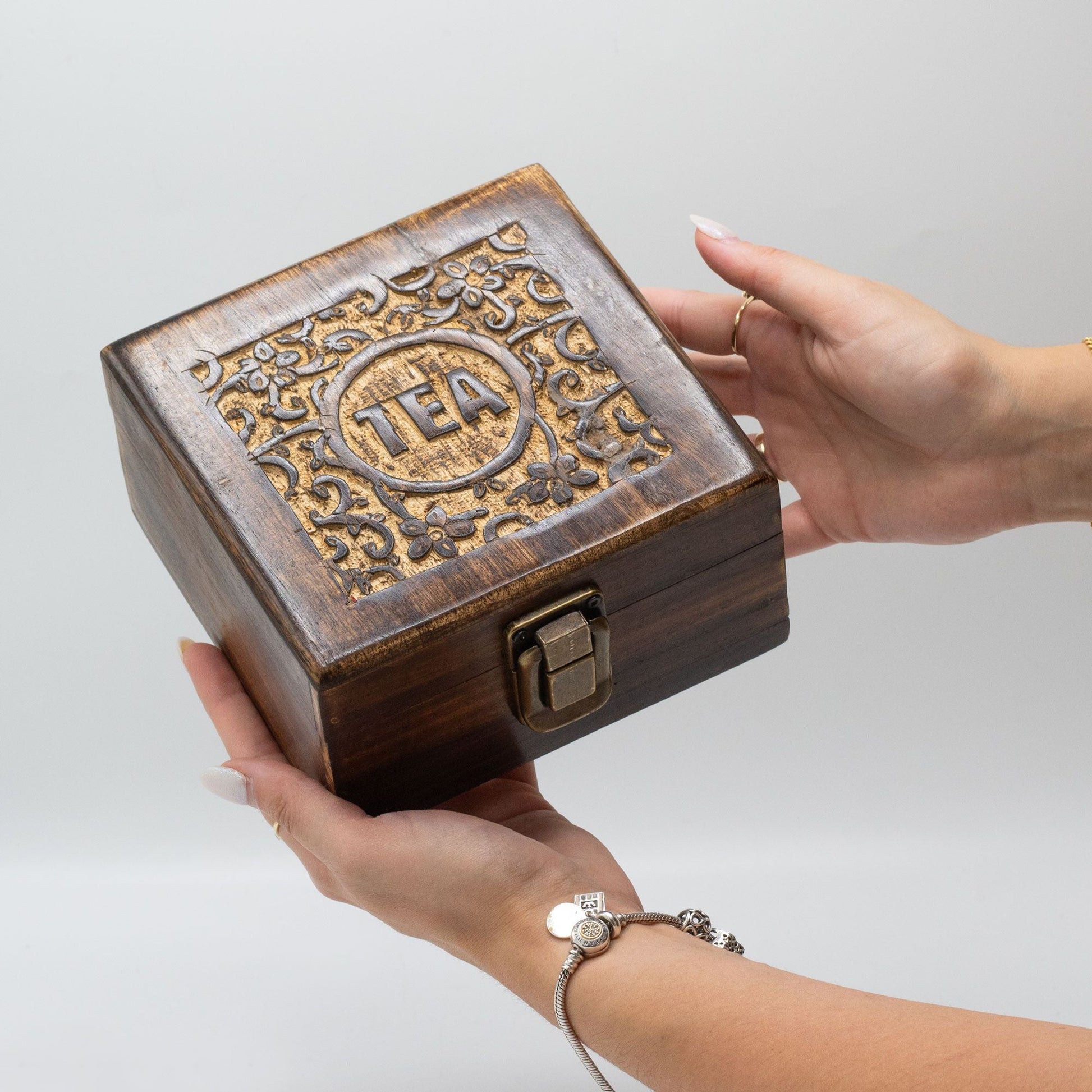 Polished Mango Carved Tea Box 4 Compartments featuring natural patterning and unique variations - Positive Faith Hope Love