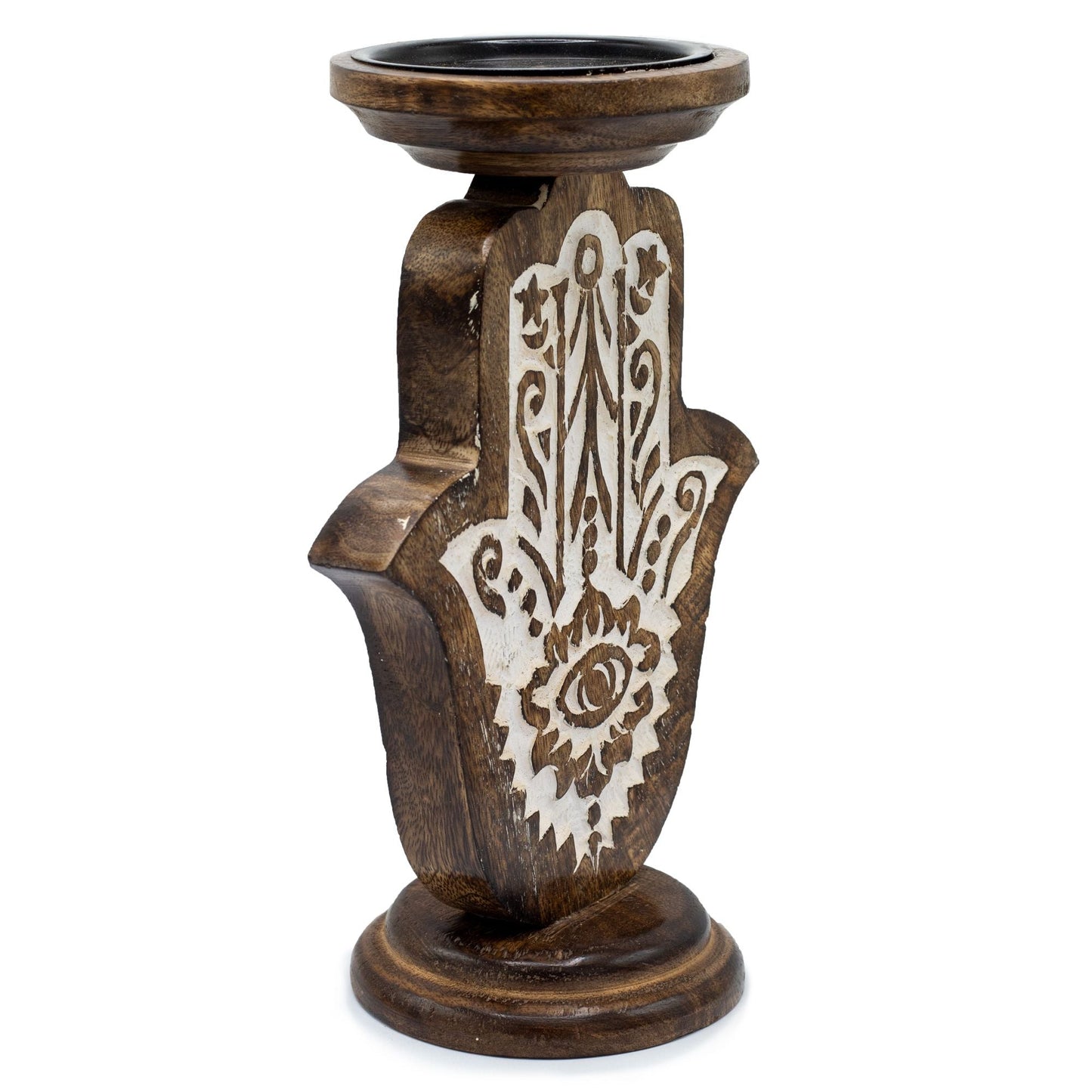 Polished Mango Wood Candle Stand Hamsa Large featuring natural patterning and unique variations - Positive Faith Hope Love