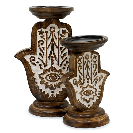 Polished Mango Wood Candle Stand Hamsa Small featuring natural patterning and unique variations - Positive Faith Hope Love