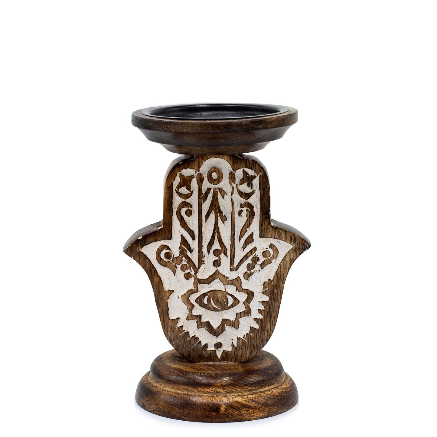 Polished Mango Wood Candle Stand - Hamsa - Small featuring natural patterning and unique variations - Positive Faith Hope Love