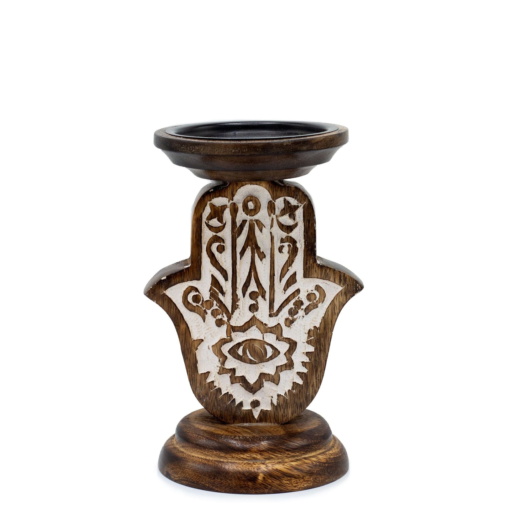 Polished Mango Wood Candle Stand - Hamsa - Small featuring natural patterning and unique variations - Positive Faith Hope Love