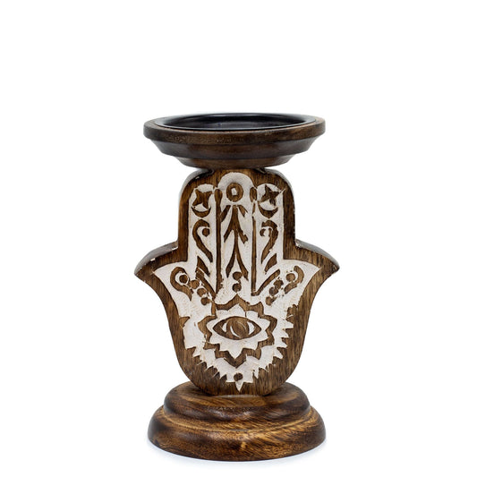 Polished Mango Wood Candle Stand - Hamsa - Small featuring natural patterning and unique variations - Positive Faith Hope Love