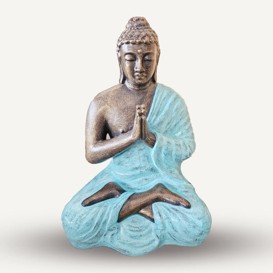 Polished Med Large Turquoise Gold Praying Buddha Statue 12M Tall 1 featuring natural patterning and unique variations - Positive Faith Hope Love
