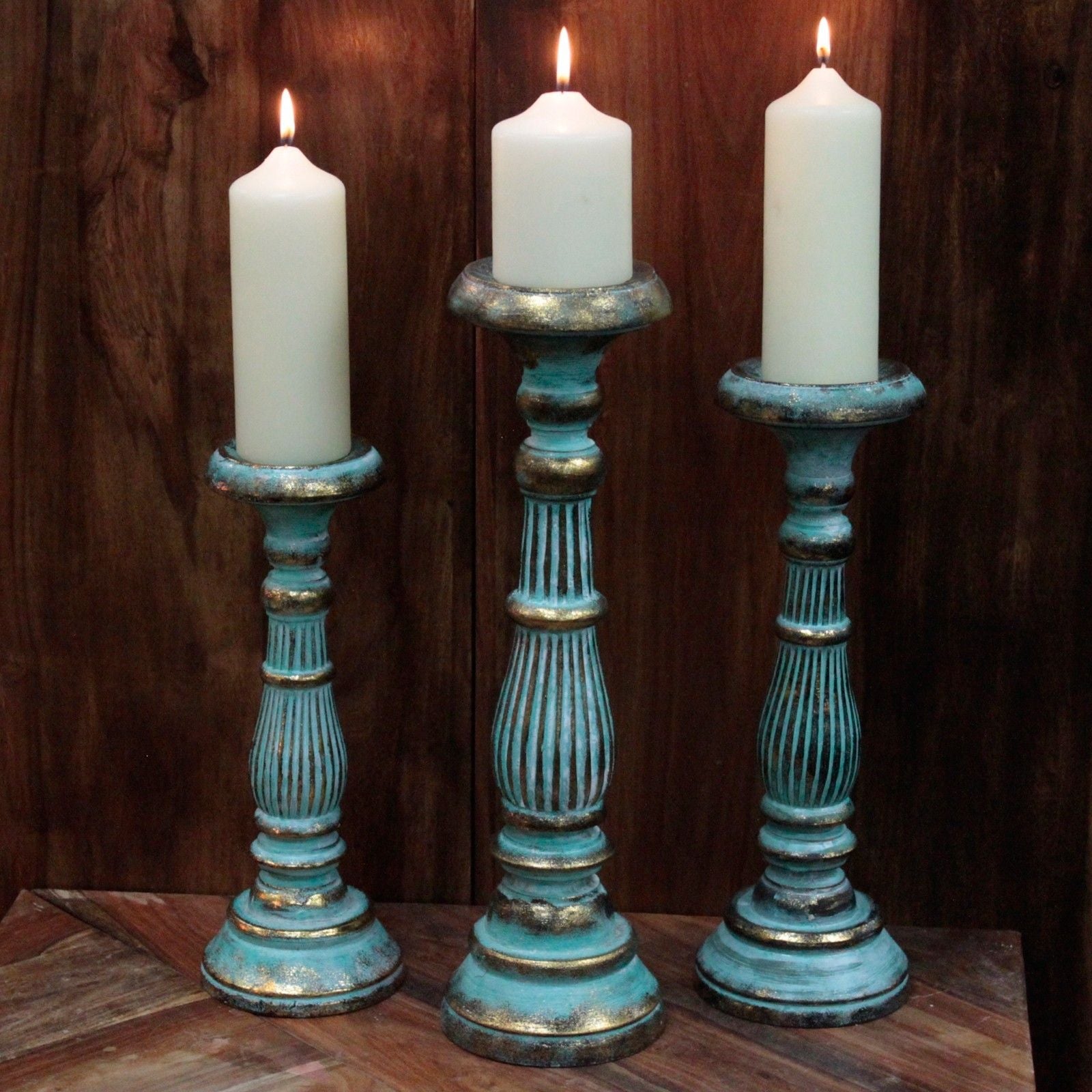 Polished Medium Candle Stand Turquois Gold featuring natural patterning and unique variations - Positive Faith Hope Love