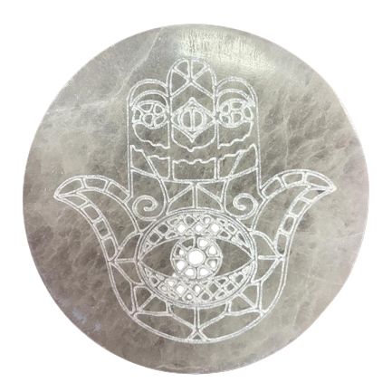 Polished Medium Charging Plate 10cm - Hamsa featuring natural patterning and unique variations - Positive Faith Hope Love