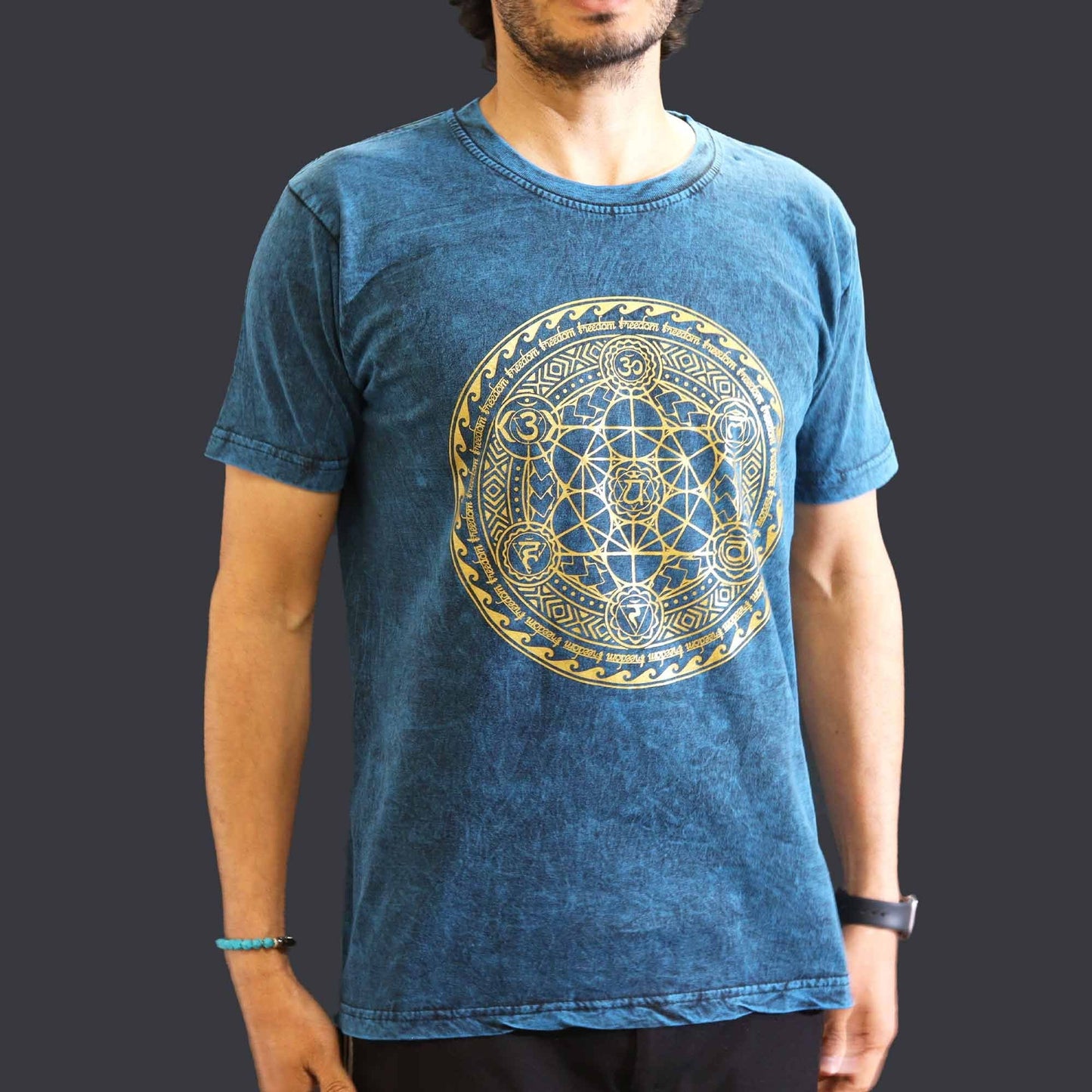 Polished Medium Stone Washed T Shirt Chakra Blue featuring natural patterning and unique variations - Positive Faith Hope Love