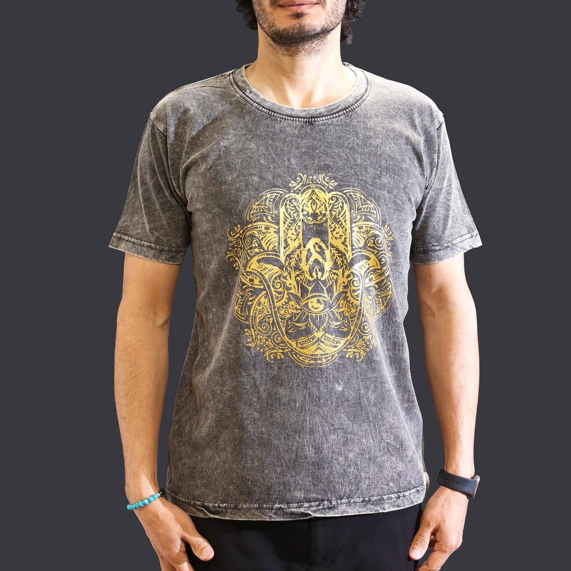 Polished Medium Stone Washed T Shirt Hamsa Dark Grey featuring natural patterning and unique variations - Positive Faith Hope Love