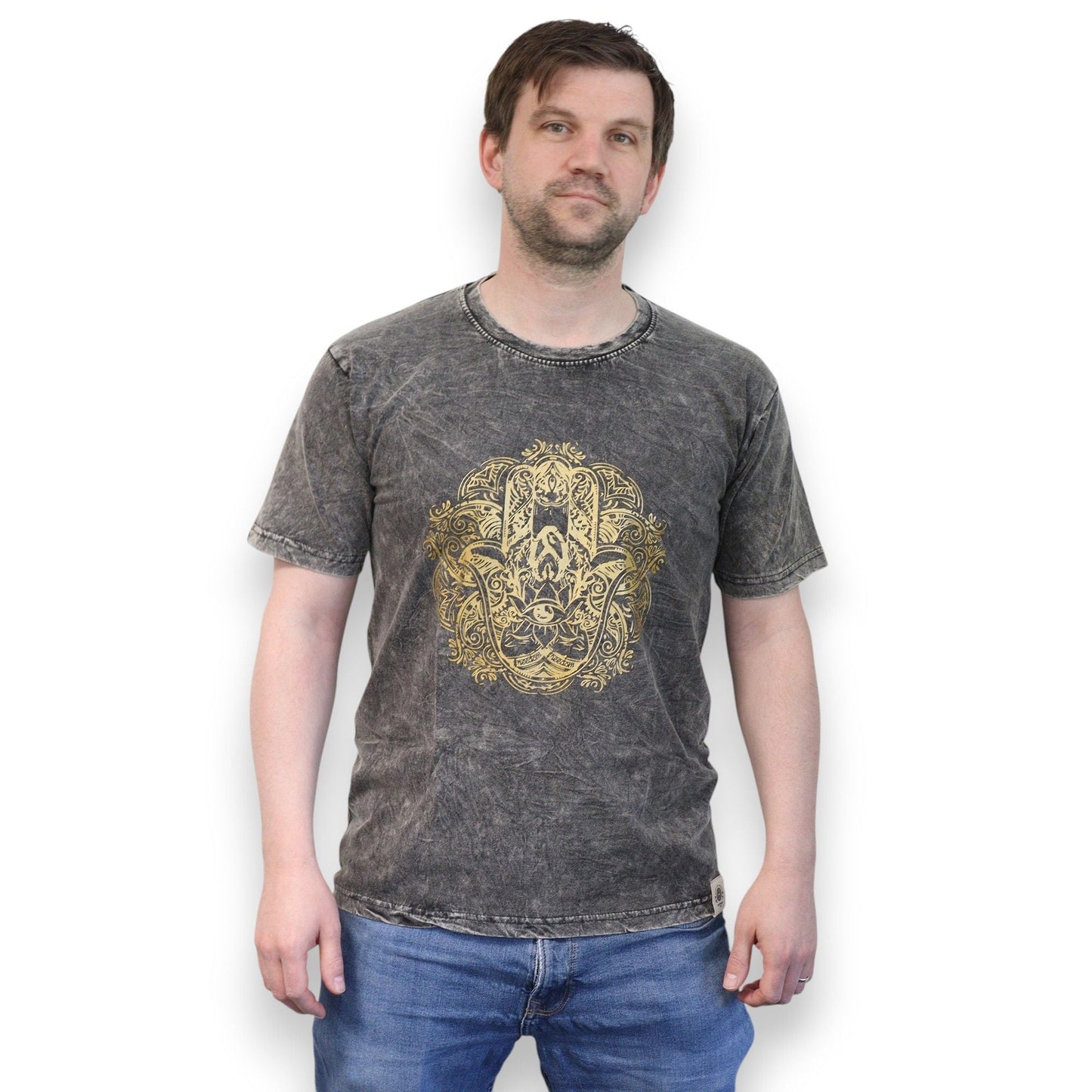 Polished Medium Stone Washed T Shirt Hamsa Dark Grey featuring natural patterning and unique variations - Positive Faith Hope Love