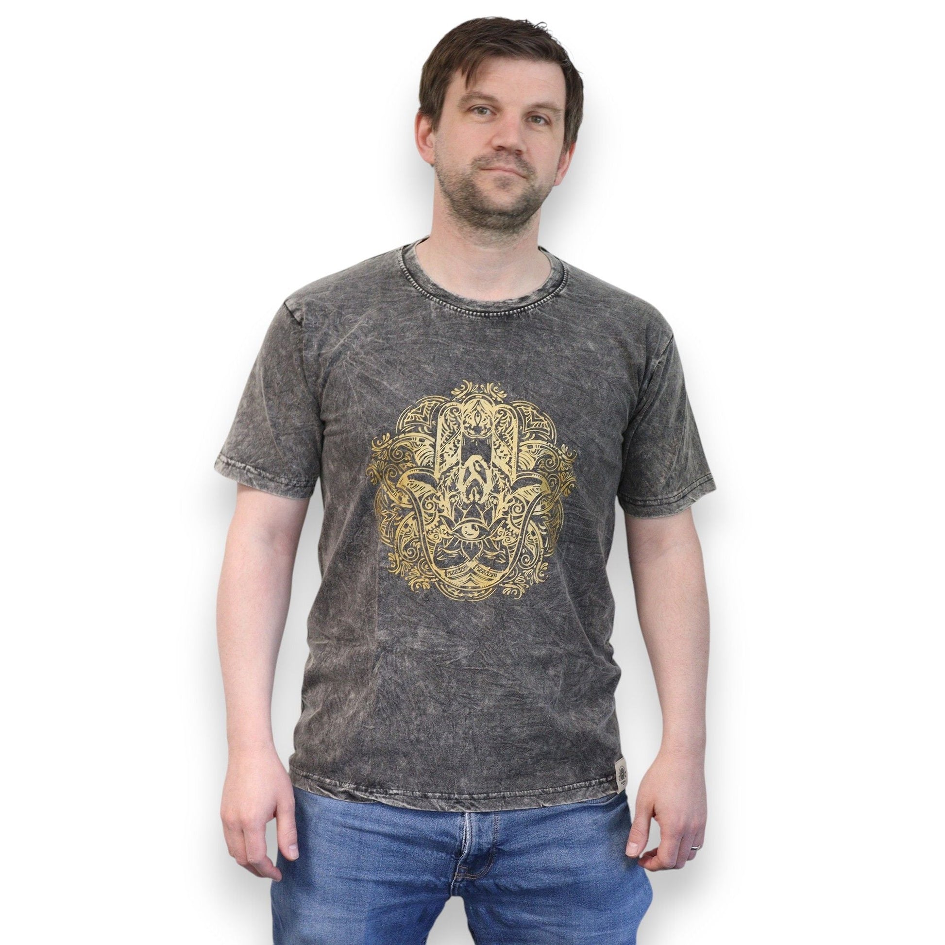 Polished Medium Stone Washed T Shirt Hamsa Dark Grey featuring natural patterning and unique variations - Positive Faith Hope Love