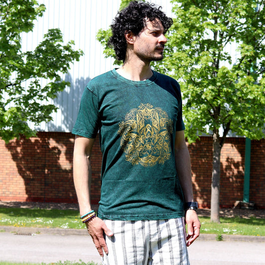 Polished Medium Stone Washed T Shirt Hamsa Green featuring natural patterning and unique variations - Positive Faith Hope Love