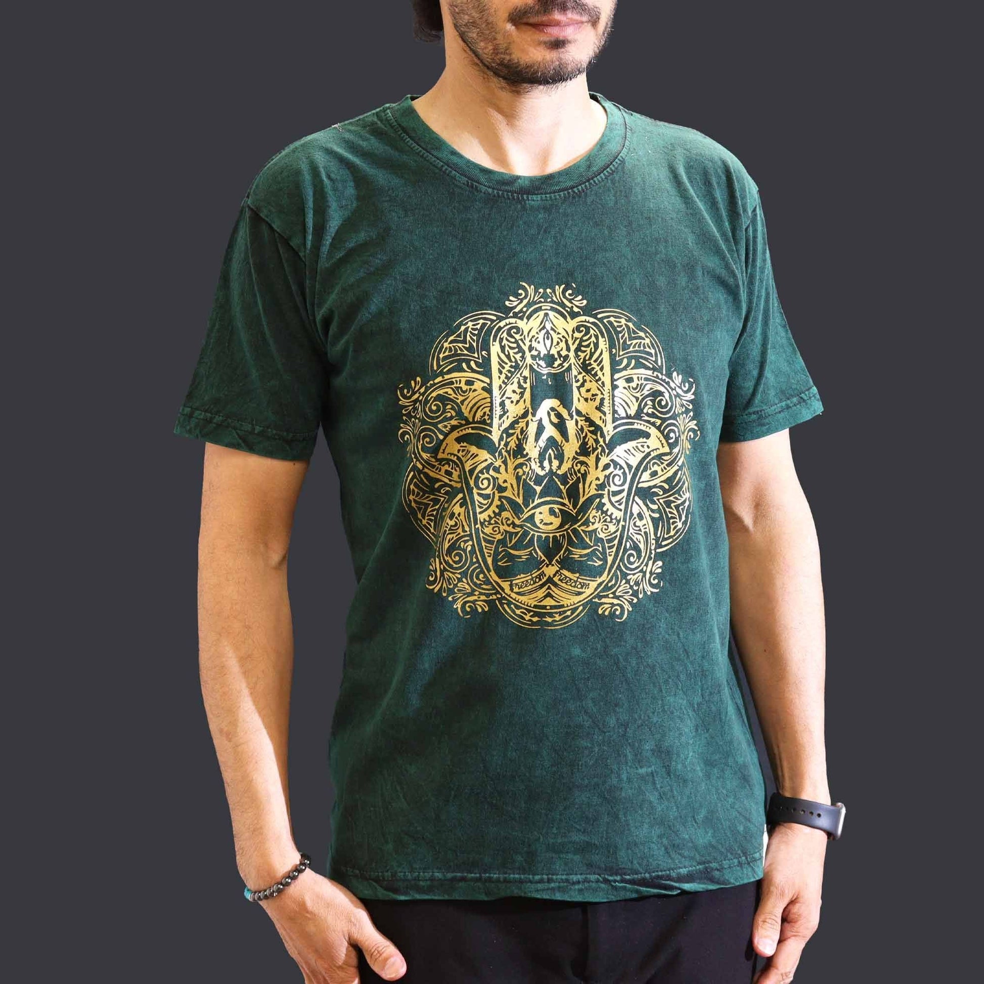 Polished Medium Stone Washed T Shirt Hamsa Green featuring natural patterning and unique variations - Positive Faith Hope Love