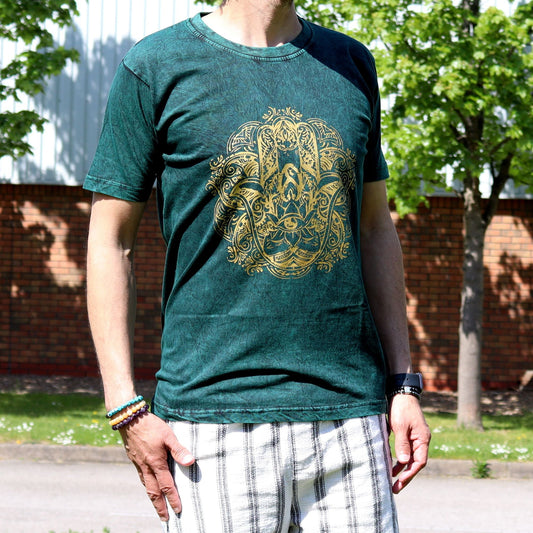 Polished Medium Stone Washed T-Shirt - Hamsa - Green featuring natural patterning and unique variations - Positive Faith Hope Love