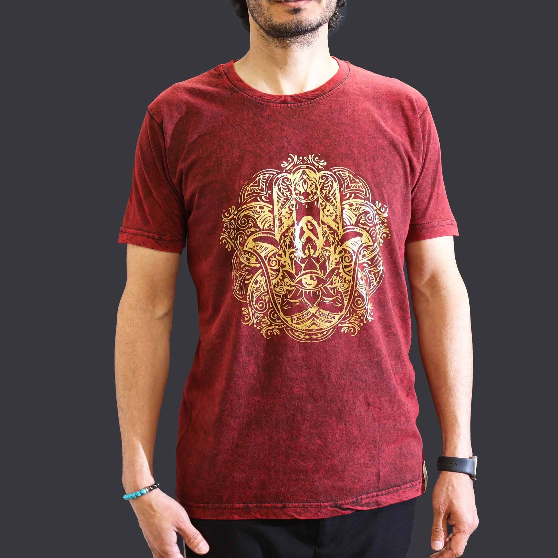 Polished Medium Stone Washed T Shirt Hamsa Maroon featuring natural patterning and unique variations - Positive Faith Hope Love