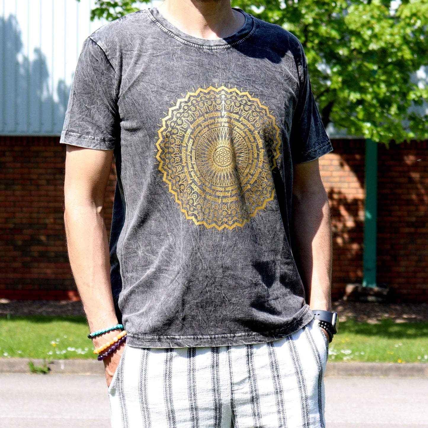 Polished Medium Stone Washed T-Shirt - Mandala - Dark Grey featuring natural patterning and unique variations - Positive Faith Hope Love