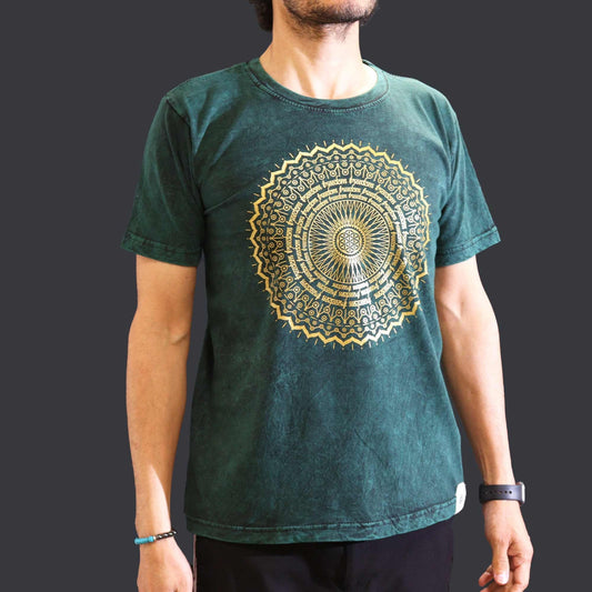 Polished Medium Stone Washed T Shirt Mandala Green featuring natural patterning and unique variations - Positive Faith Hope Love