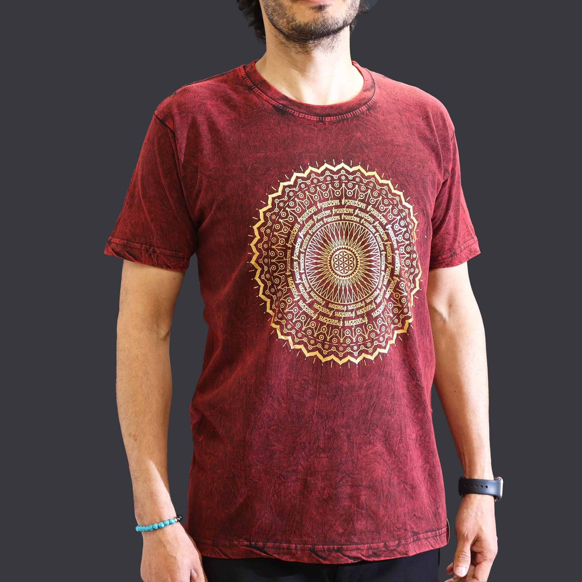 Polished Medium Stone Washed T-Shirt - Mandala - Maroon featuring natural patterning and unique variations - Positive Faith Hope Love