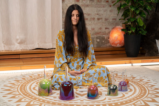 Polished Meinl Sonic Energy 6 Piece Essence Solfeggio Crystal Singing Bowl Set featuring natural patterning and unique variations - Positive Faith Hope Love