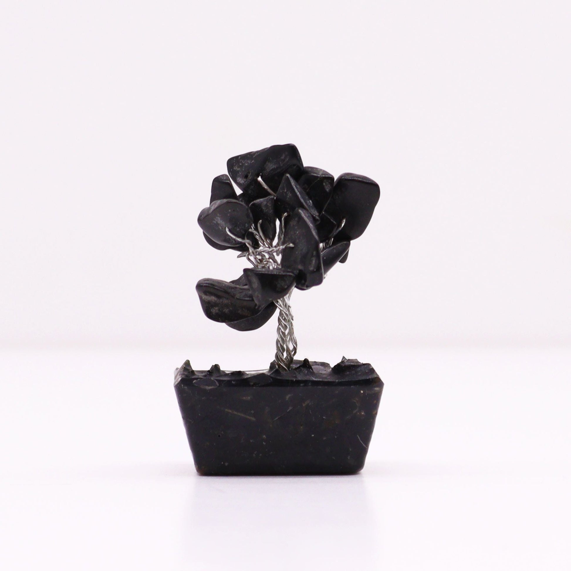 Polished Mini Gemstone Tree On Orgonite Base - Black Agate (15 stones) featuring banded patterns and glossy finish - Positive Faith Hope Love