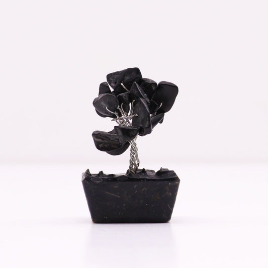 Polished Mini Gemstone Tree On Orgonite Base - Black Agate (15 stones) featuring banded patterns and glossy finish - Positive Faith Hope Love
