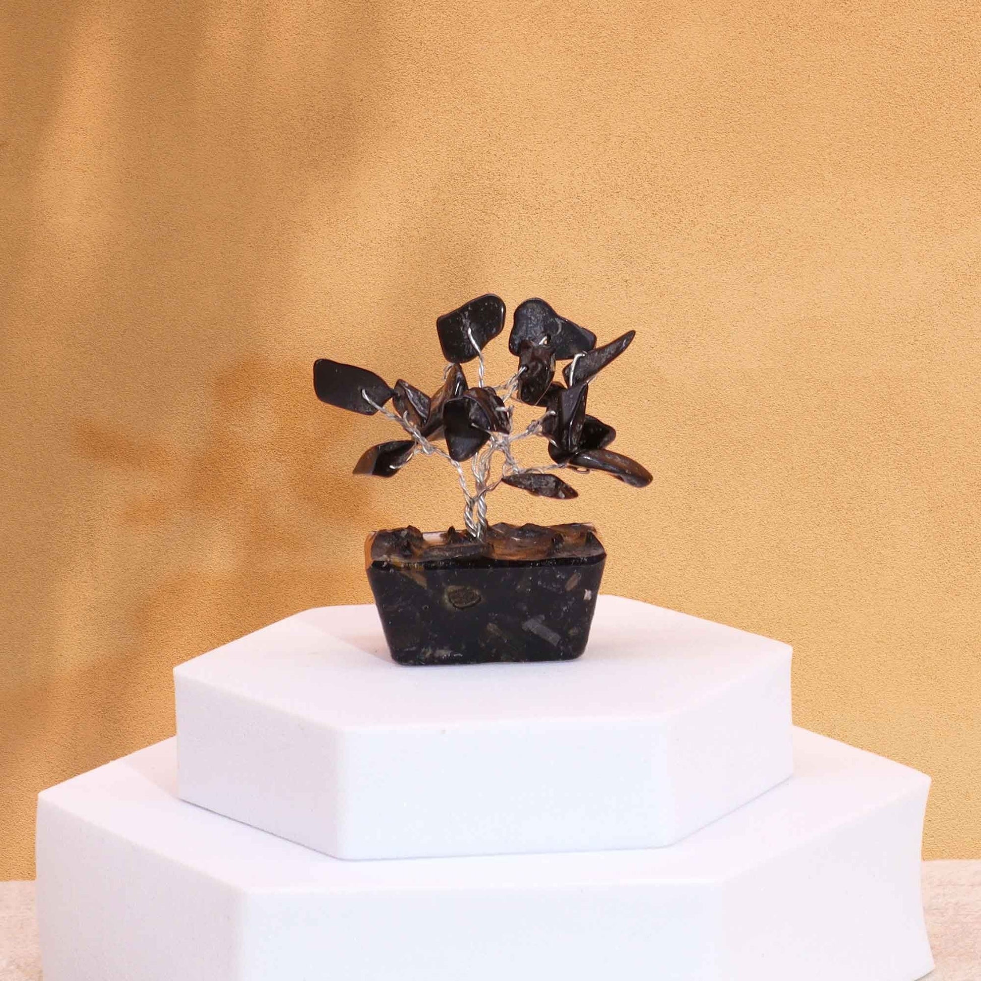 Polished Mini Gemstone Tree On Orgonite Base Black Agate 15 Stones featuring banded patterns and glossy finish - Positive Faith Hope Love