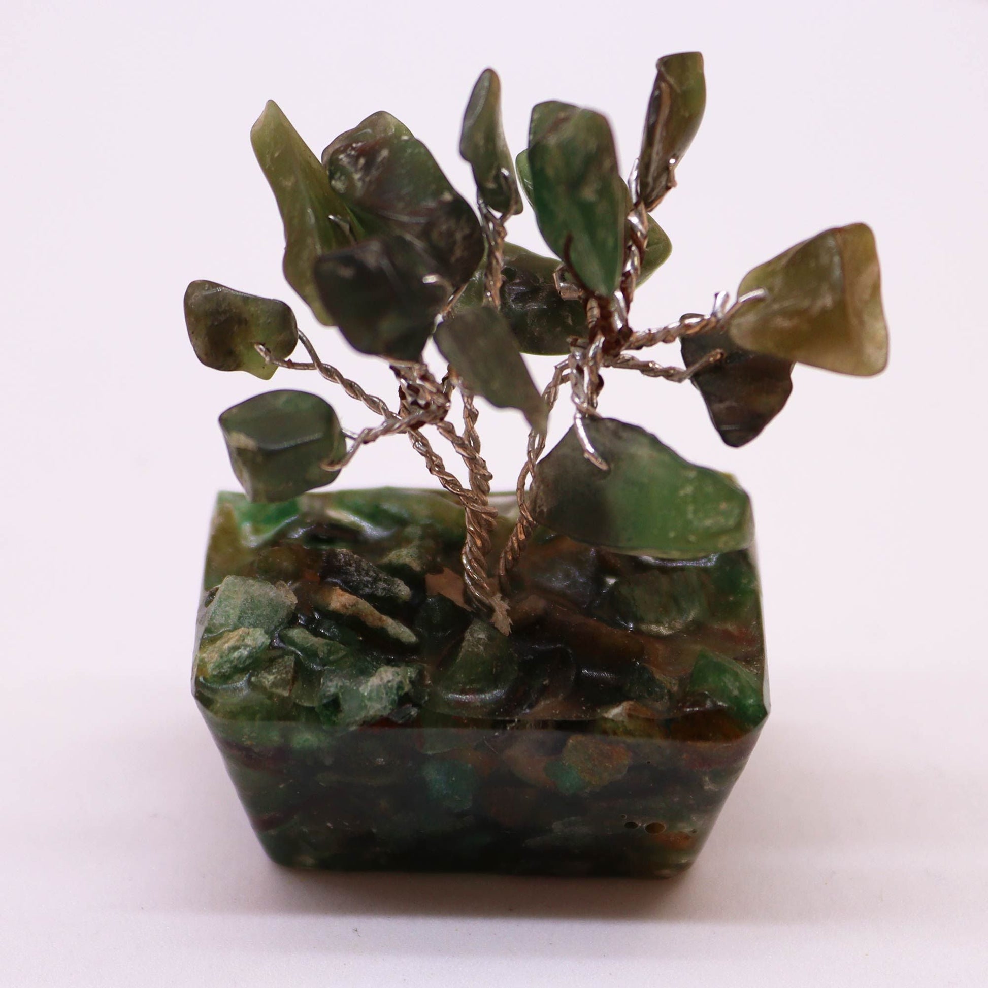Polished Mini Gemstone Tree On Orgonite Base Green Aventurine 15 Stones featuring green tone with subtle sparkle - Positive Faith Hope Love