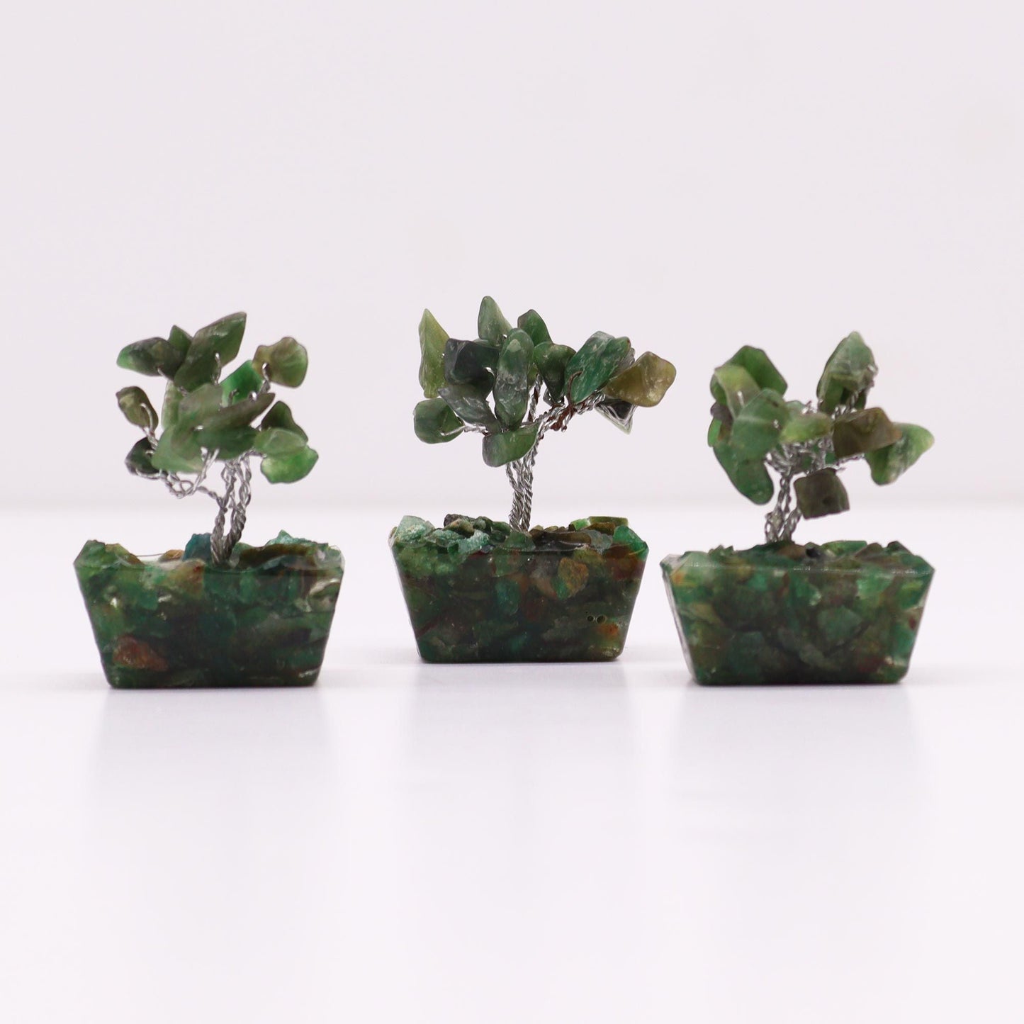 Polished Mini Gemstone Tree On Orgonite Base Green Aventurine 15 Stones featuring green tone with subtle sparkle - Positive Faith Hope Love