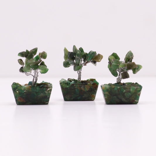Polished Mini Gemstone Tree On Orgonite Base Green Aventurine 15 Stones featuring green tone with subtle sparkle - Positive Faith Hope Love