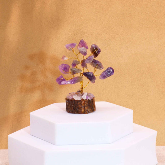 Polished Mini Gemstone Tree On Wood Base Amethyst 15 Stones 1 featuring rich purple colour and natural clarity - Positive Faith Hope Love