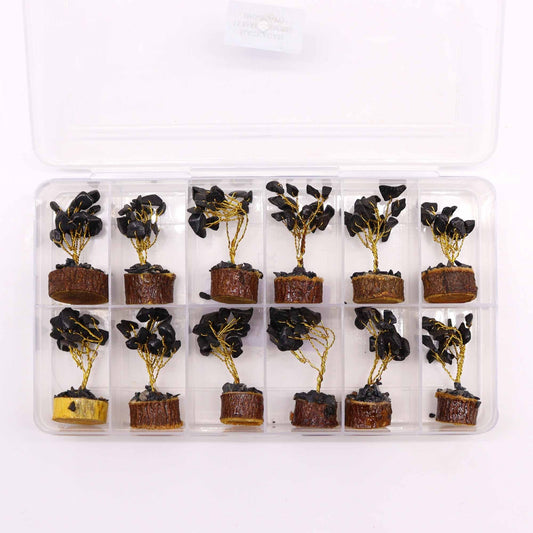 Polished Mini Gemstone Tree On Wood Base Black Agate 15 Stones 1 featuring banded patterns and glossy finish - Positive Faith Hope Love