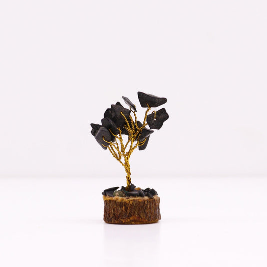Polished Mini Gemstone Tree On Wood Base - Black Agate (15 stones) featuring banded patterns and glossy finish - Positive Faith Hope Love