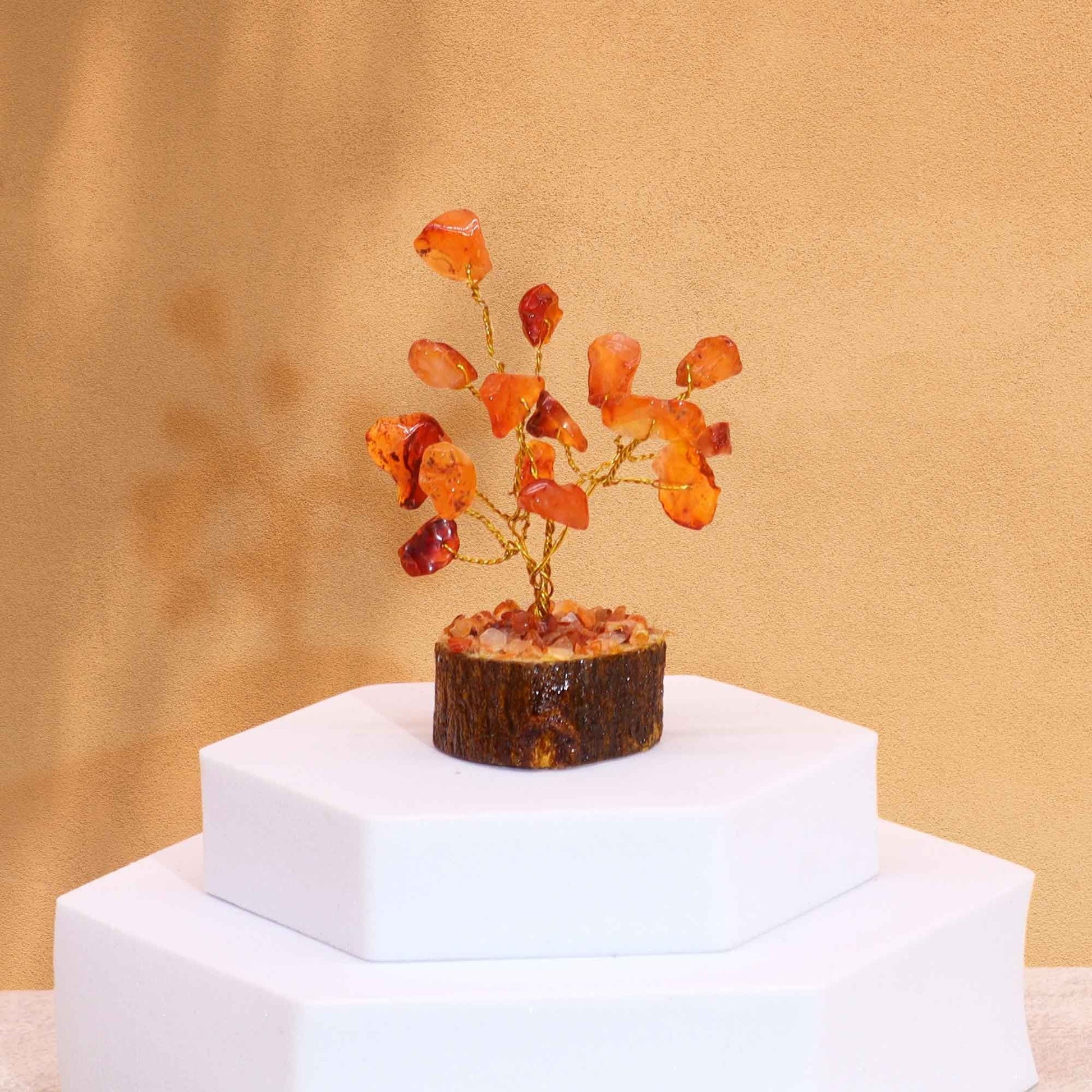 Polished Mini Gemstone Tree On Wood Base Carnelian 15 Stones featuring vibrant orange tone and smooth polish - Positive Faith Hope Love
