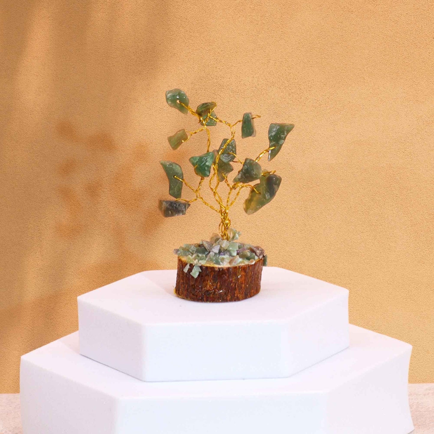 Polished Mini Gemstone Tree On Wood Base Green Aventurine 15 Stones 1 featuring green tone with subtle sparkle - Positive Faith Hope Love