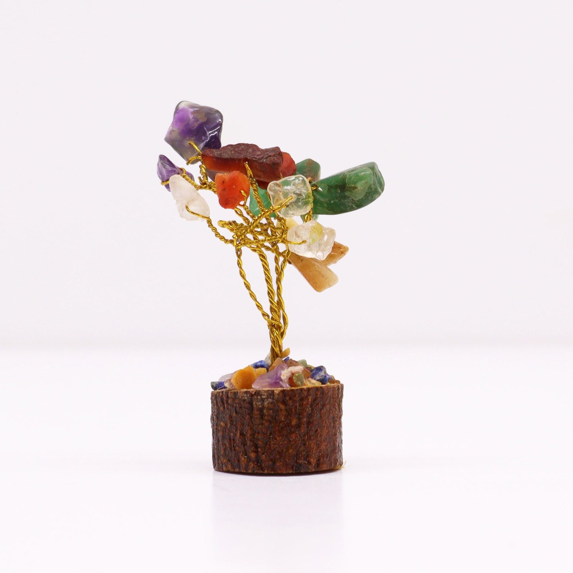 Polished Mini Gemstone Tree On Wood Base - Multi Stones (15 stones) featuring natural patterning and unique variations - Positive Faith Hope Love