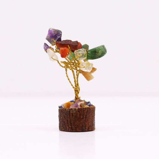 Polished Mini Gemstone Tree On Wood Base - Multi Stones (15 stones) featuring natural patterning and unique variations - Positive Faith Hope Love