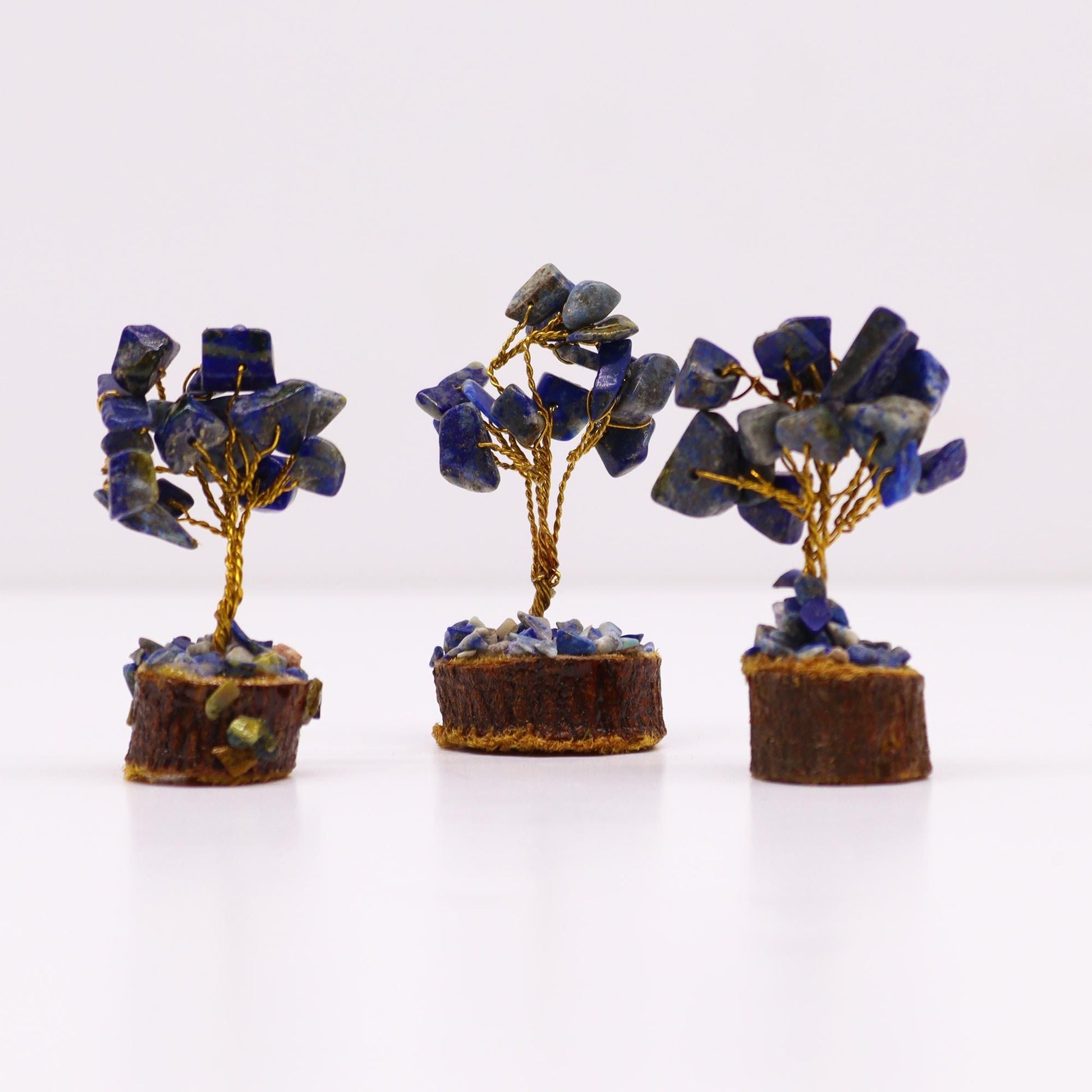 Polished Mini Gemstone Tree On Wood Base Sodalite 15 Stones featuring navy-blue tone with white veining - Positive Faith Hope Love