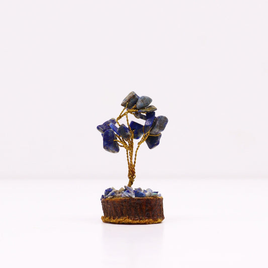 Polished Mini Gemstone Tree On Wood Base - Sodalite (15 stones) featuring navy-blue tone with white veining - Positive Faith Hope Love