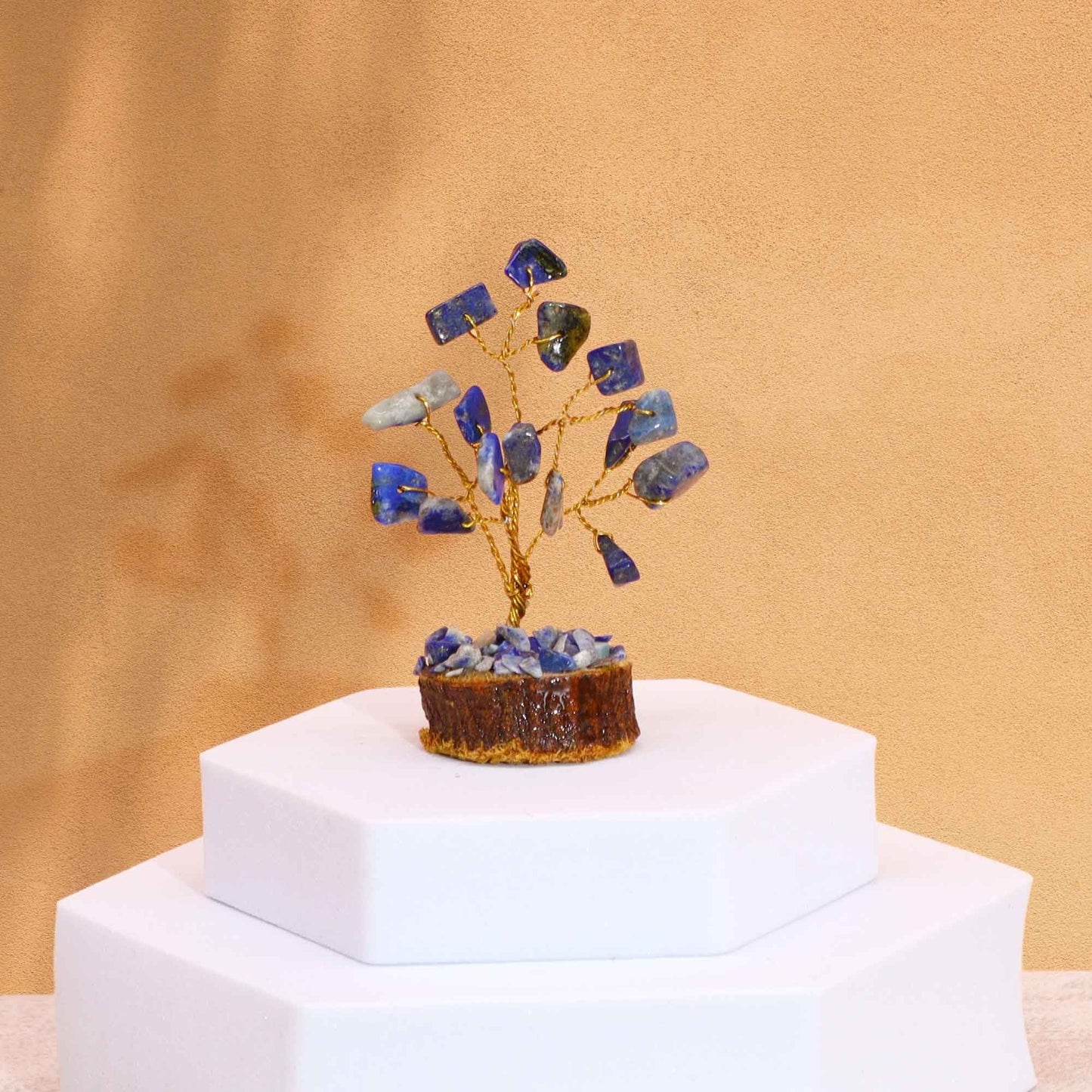Polished Mini Gemstone Tree On Wood Base Sodalite 15 Stones featuring navy-blue tone with white veining - Positive Faith Hope Love