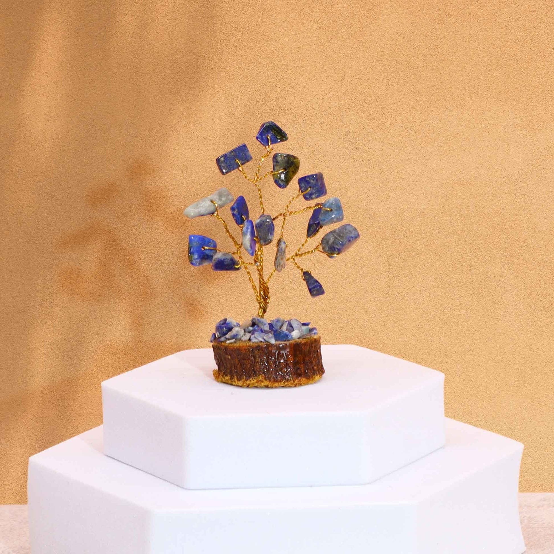 Polished Mini Gemstone Tree On Wood Base Sodalite 15 Stones featuring navy-blue tone with white veining - Positive Faith Hope Love